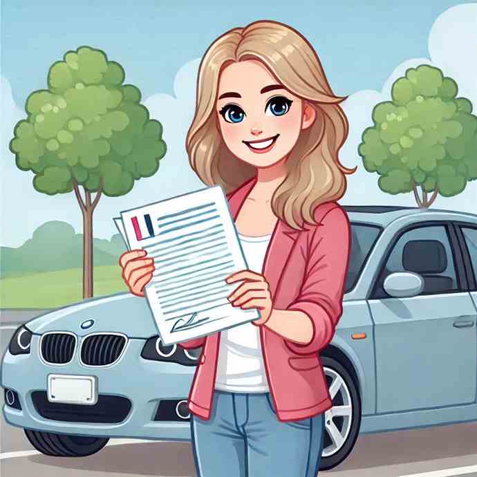 A woman checking her policy covering long-distance driving