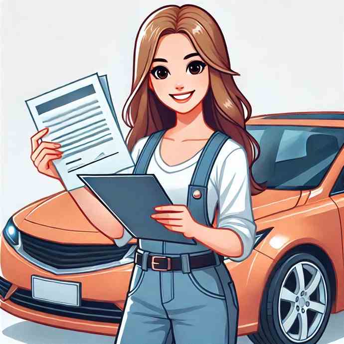 A woman holding her phone, reading her new car insurance policy summary