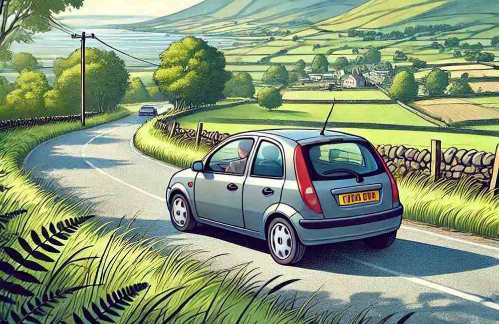 A car driving through a village road, ideal for finding flexible car insurance options