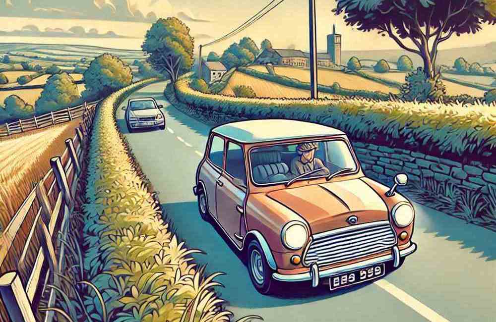 A shiny car gliding past a stone cottage, looking into car insurance with theft protection