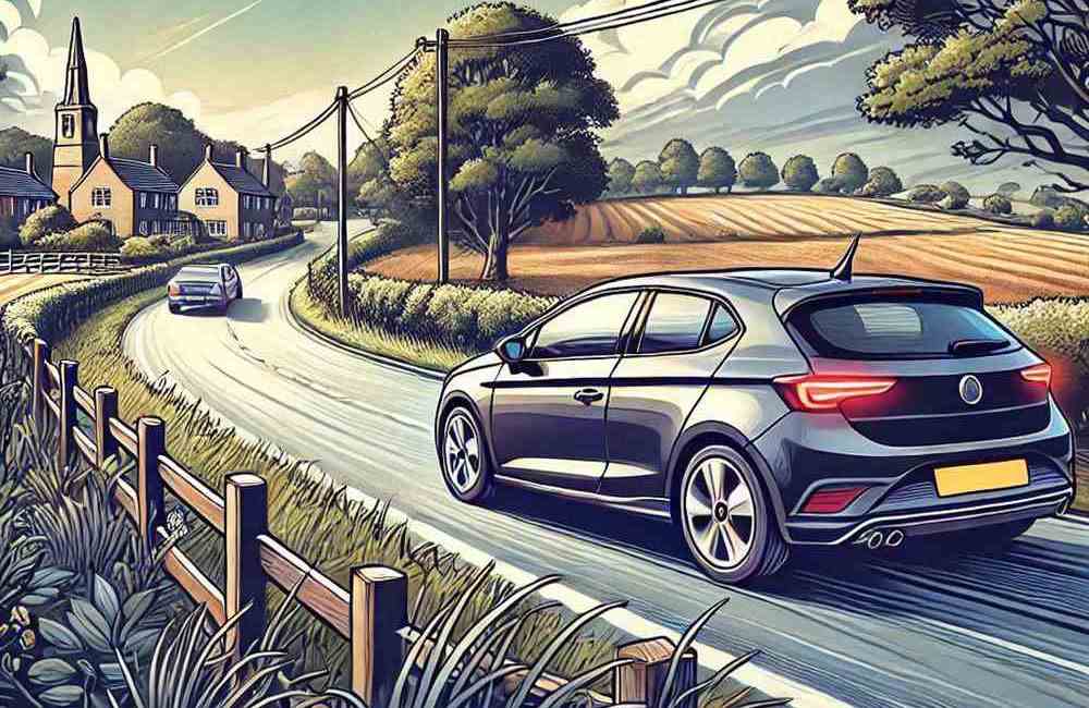 A shiny car gliding through a countryside lane, ideal for low-cost car insurance options