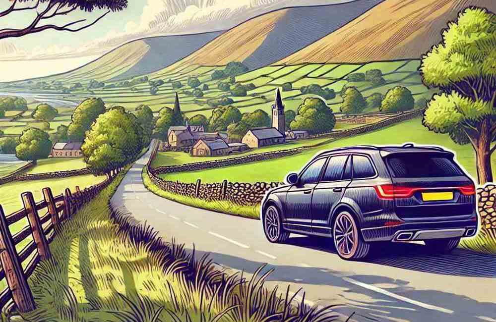 A shiny black car gliding through a rural landscape, ready for theft protection policies