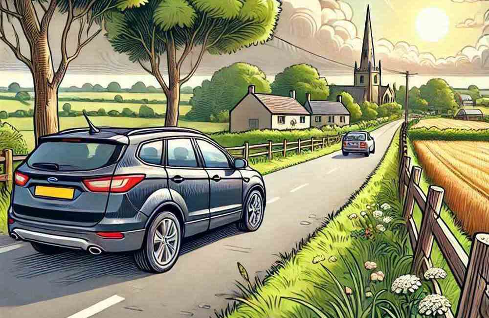 A car travelling along a peaceful country road, ideal for no-claims protection insurance